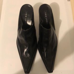 Black leather mules
